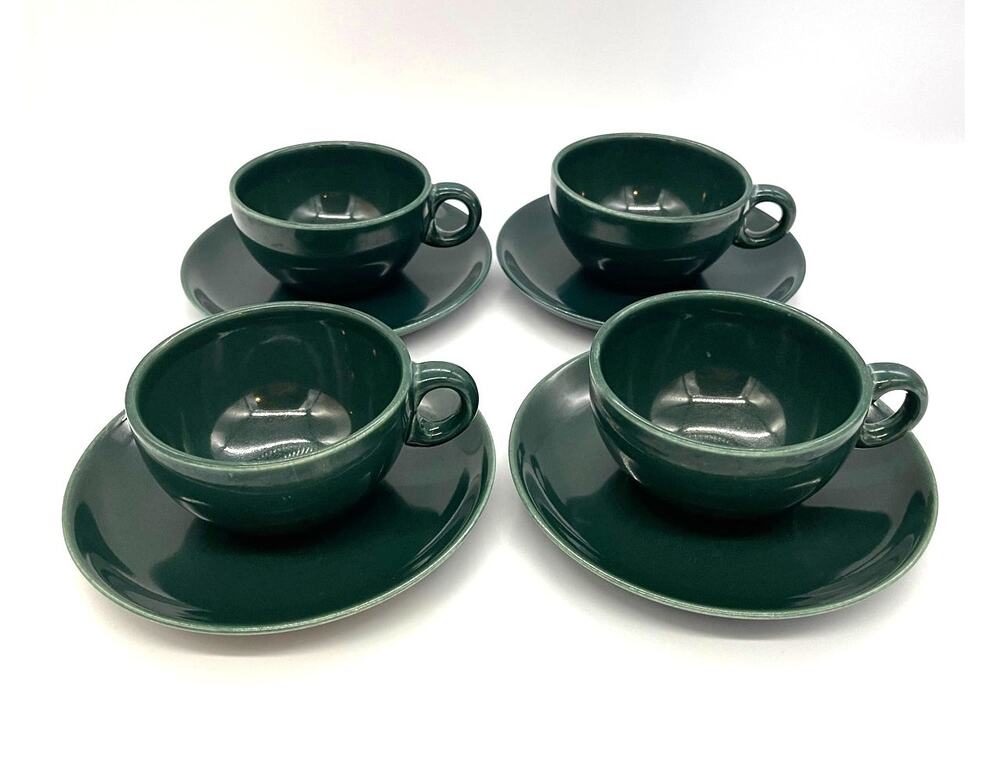 Vintage Russel Wright Iroquois Casual China Set of 4 Teal Green Cups & Saucers